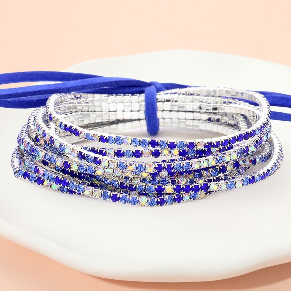 Royal Blue Silver Rhinestone Crystal 12 Pcs Layered Stretch Bracelets Jewelry